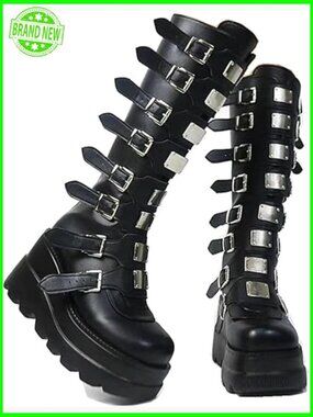 Knee High Platform Chunky Heel Combat Boots with Buckles Zip Up